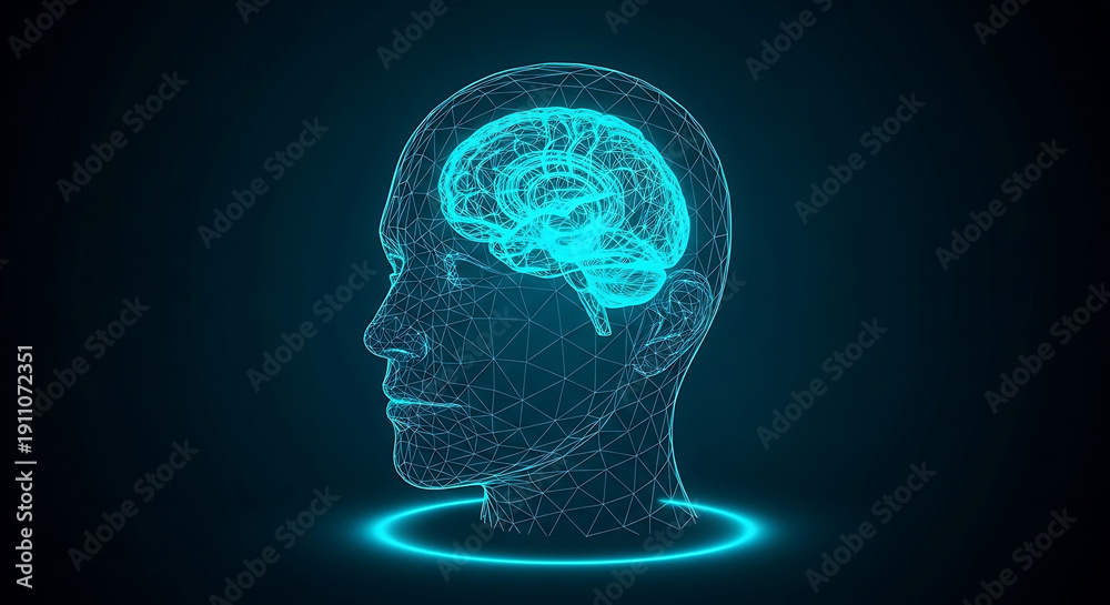 Fototapeta premium Futuristic Human Head with Glowing Brain Neural Network