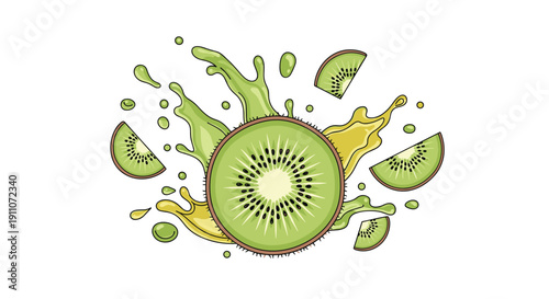 Fresh kiwi fruit slices and a whole kiwi bursting with green and yellow liquid splashes on white.