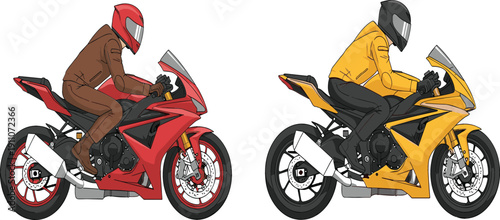 Sport motorcycle riders illustration showing red and yellow racing bikes with motorcyclists in full gear isolated on white