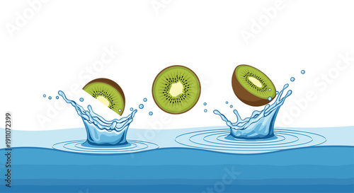 Halved kiwi fruits falling and splashing into clear blue water, creating vibrant ripples and drops.