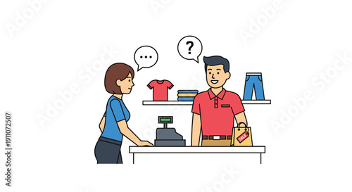 A female customer interacting with a male cashier at a checkout counter in a clothing store.