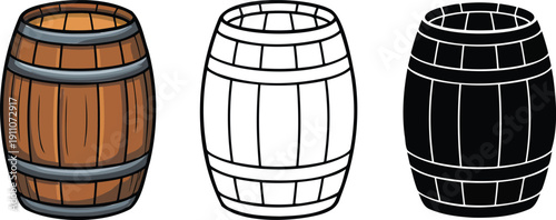 Wooden barrel silhouette & Outline and illustration set isolated on transparent background