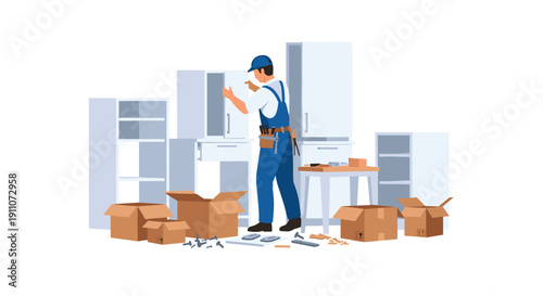 A man in blue overalls and a cap assembles white kitchen cabinets, surrounded by boxes, tools, and parts.