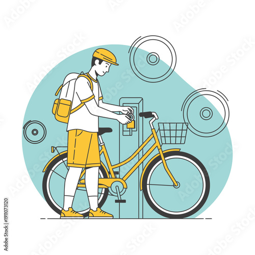 Urban Cyclist Interacting With Smart Bike Sharing Station For Eco-Friendly Commutes