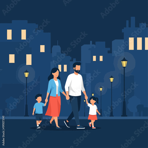 Urban Evening Stroll With Happy Family Illuminated By City Lights