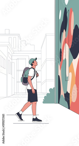 Urban Explorer Admiring Vibrant Street Art Mural Discovery