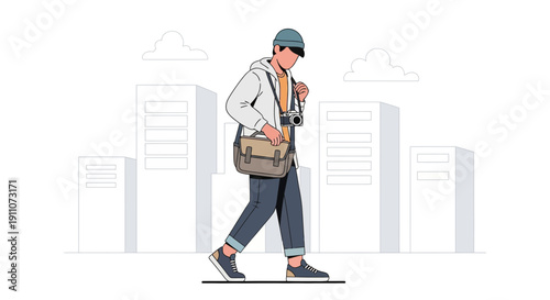 Urban Explorer Capturing Cityscapes With A Vintage Camera And Satchel