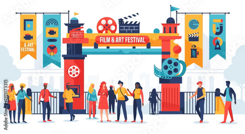 Vibrant Film And Art Festival Gateway With Diverse Attendees Enjoying The Event
