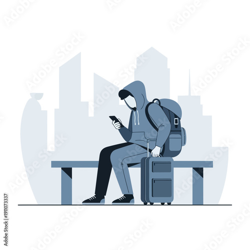 Urban Nomad Waiting Patiently For Departure With Digital Device