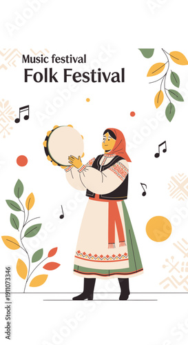 Vibrant Folk Festival Celebration With Traditional Dancer And Music Notes