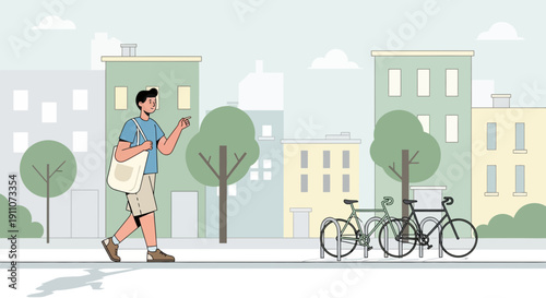 Urban Pedestrian Strides Past City Bicycles on a Sunny Sidewalk Scene