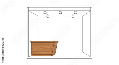 A minimalist line art drawing of an empty room interior, featuring a wooden counter and spotlights on the ceiling.