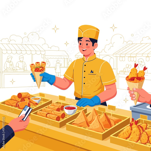 Vibrant Street Food Vendor Serving Delicious Spring Rolls And Shrimp