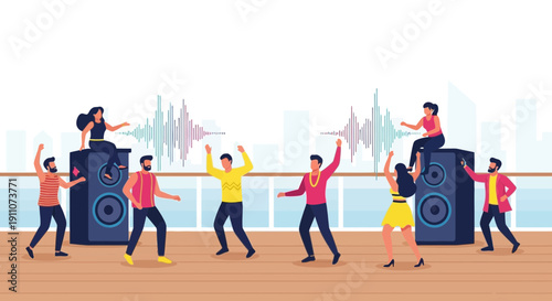 Vibrant Crowd Dancing To Music With Sound Waves Display