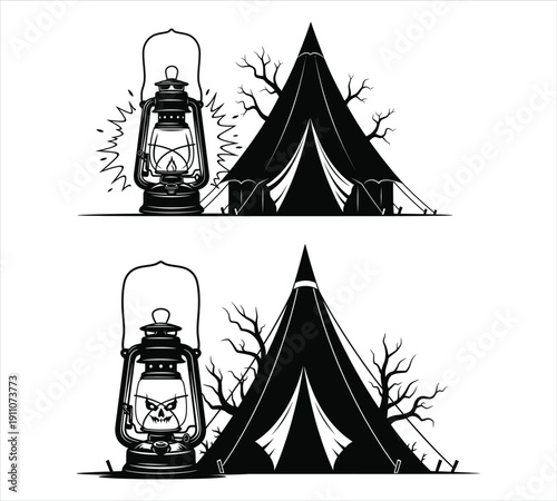 Silhouette of tents and lanterns in the woods at night
