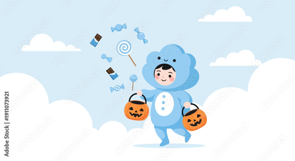 Obraz premium Whimsical Child In Cloud Costume Collecting Halloween Treats Under A Blue Sky