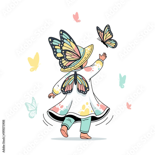 Whimsical Child Embraces Fluttering Butterfly Companions in Dreamlike Scene