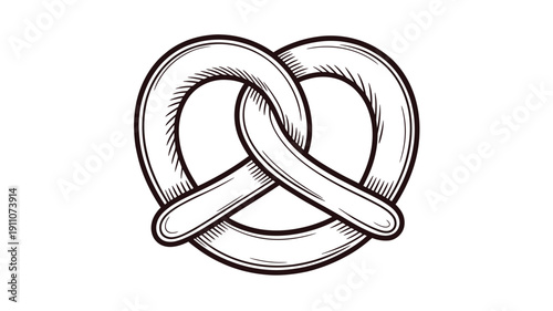 A detailed black and white illustration of a traditional pretzel shape