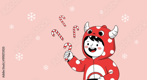 Whimsical Child In Monster Costume Tosses Candy Canes Amidst Falling Snowflakes Festive Season Joy