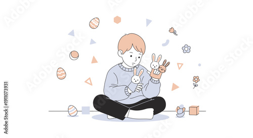 Whimsical Child Playing With Easter Bunny Hand Puppets And Toys