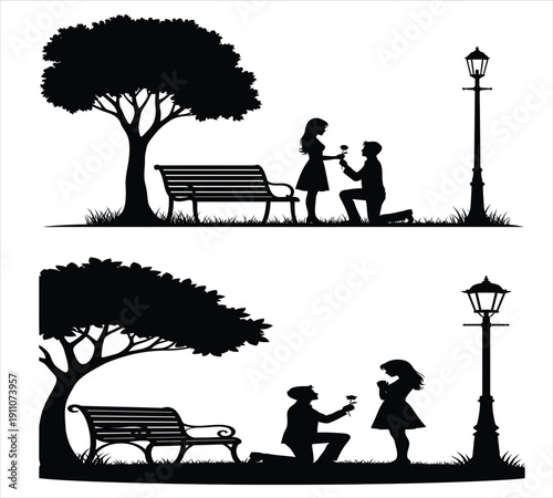 Romantic couple silhouette proposals in park at night