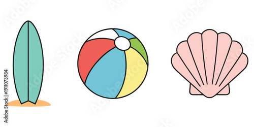 Surfboard Beach Ball and Seashell on White Background Keywords: surfboard, beach ball, seashell, pink, teal, yellow, red, blue