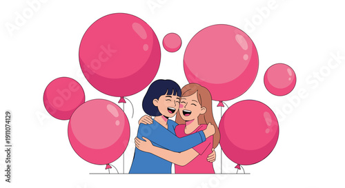 Two cheerful women in blue and pink shirts hug each other with bright smiles among several pink balloons.