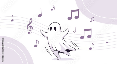 Whimsical Ghost Dancing Among Musical Notes