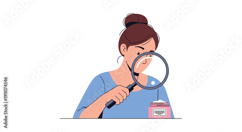 Young woman with a bun examines a cosmetic cream jar using a magnifying glass to read product details.