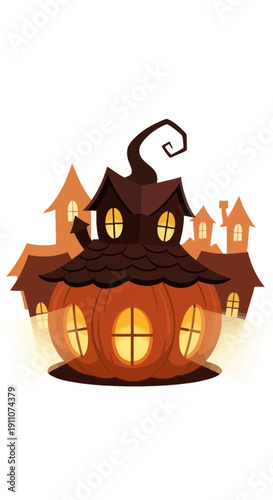 Whimsical Halloween Pumpkin House Spooky Village Scene Illustration
