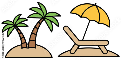 Two cartoon palm trees on a sandy island and a beach chair with umbrella Keywords: palm tree, island, sand, beach, ocean, waves