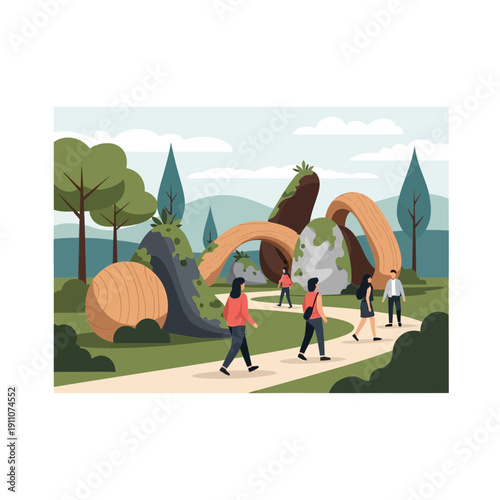 Whimsical Nature Scene With Diverse People Exploring Abstract Art Installation