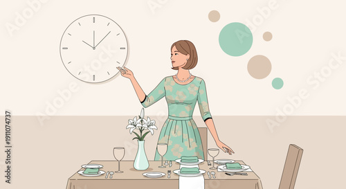 Woman Adjusts Clock Above Elegant Table Setting Anticipating Guests