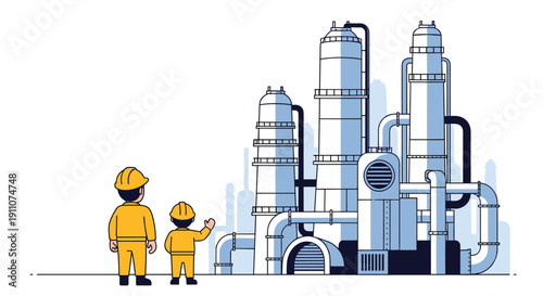 Two figures in yellow hard hats, adult and child, stand observing a vast industrial plant with towering structures and intricate piping.