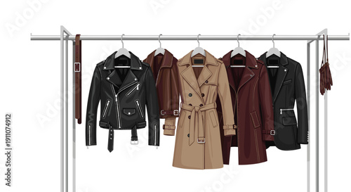 Various stylish leather jackets, a beige trench coat, and accessories hang on a silver clothing rack.