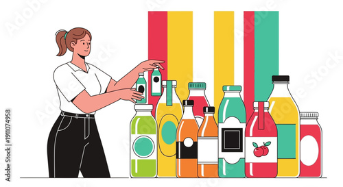 Woman Choosing Beverage Bottles Assortment Colorful Liquid Packaging Selection