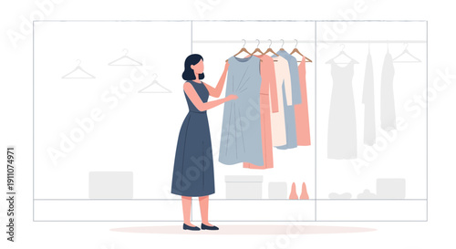 Woman Choosing Dress From Wardrobe Collection