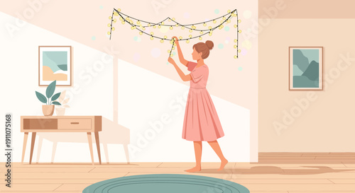 Woman Decorating Room With String Lights Cozy Home Ambiance Celebration