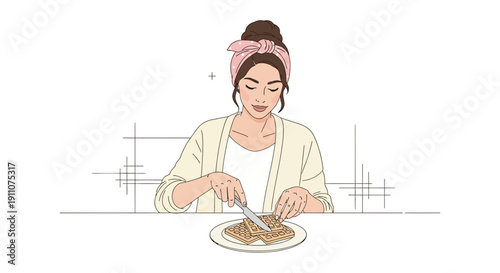 Woman Enjoying A Delicious Waffle Breakfast Morning Meal Moment