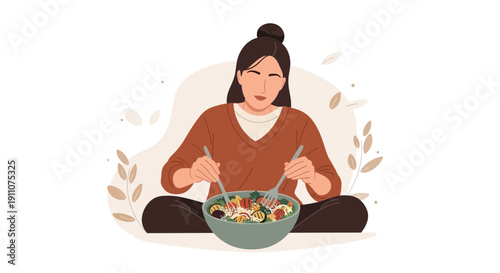 Woman Enjoying A Healthy Vibrant Salad Meal