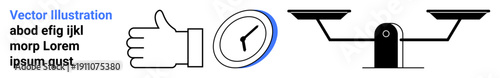 Decision-making, time management, justice system, legal balance, efficiency, productivity. Thumbs up, stopwatch balance scale. Decision-making and time management concepts illustrated