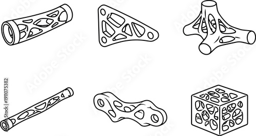 Topology Icon Set. Line style icons of topology-optimized objects: hollow structural brace, weight-reduced bracket, organic frame