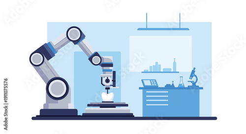 Industrial robotic arm precisely working on an object within a modern laboratory setting with equipment.