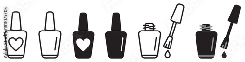 Bottle of nail polish with brush icon set in linear and solid style. Beauty cosmetic symbol isolated on white or transparent background, editable stroke vector for manicure and salon design.