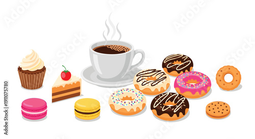 Assortment of colorful donuts, macarons, a cupcake, cake slice, cookie, and steaming hot coffee.