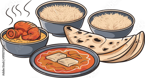 Gourmet Thali Assortment Emphasizes the wide variety of dishes served together in a single meal setting.