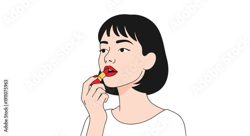 Woman with short black hair applies red lipstick to her lips, looking right against a simple white background.