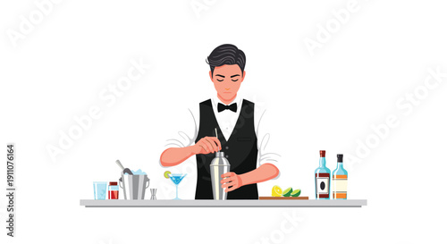 Skilled bartender precisely mixes a cocktail drink with a shaker behind a well-stocked bar counter.