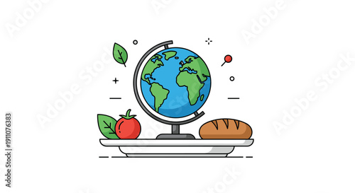 Graphic illustration of a globe placed on a plate with fresh food items and leaves.