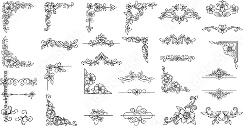 Collection of elegant black and white floral corner borders and decorative vintage dividers perfect for ornate wedding invitations or sophisticated stationery design elements.
